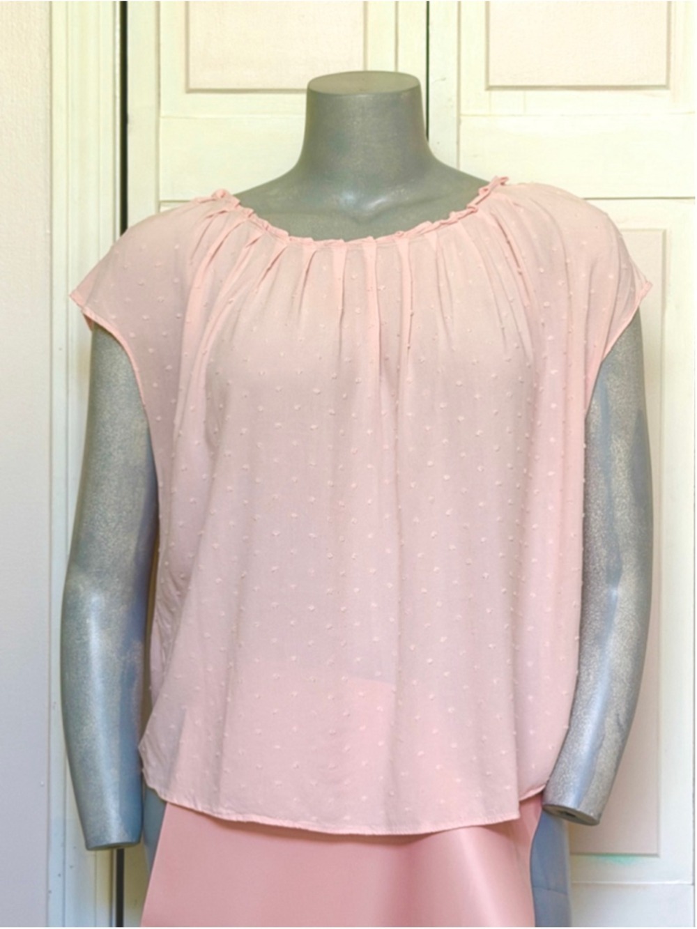 Lauren Conrad XXL XL Pink Peach Business Professional Blouse Top Swiss Dot